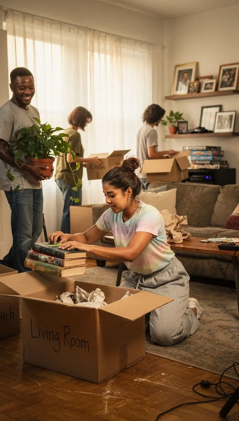 Osoba siedząca przy biurku, planująca przeprowadzkę z dokumentami i laptopem.