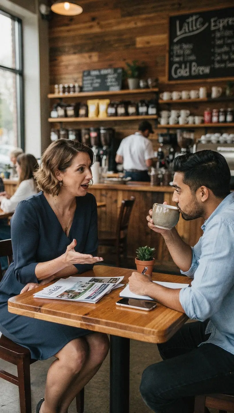 Mężczyzna i kobieta oglądający mieszkanie, rozmawiający z agentem nieruchomości.