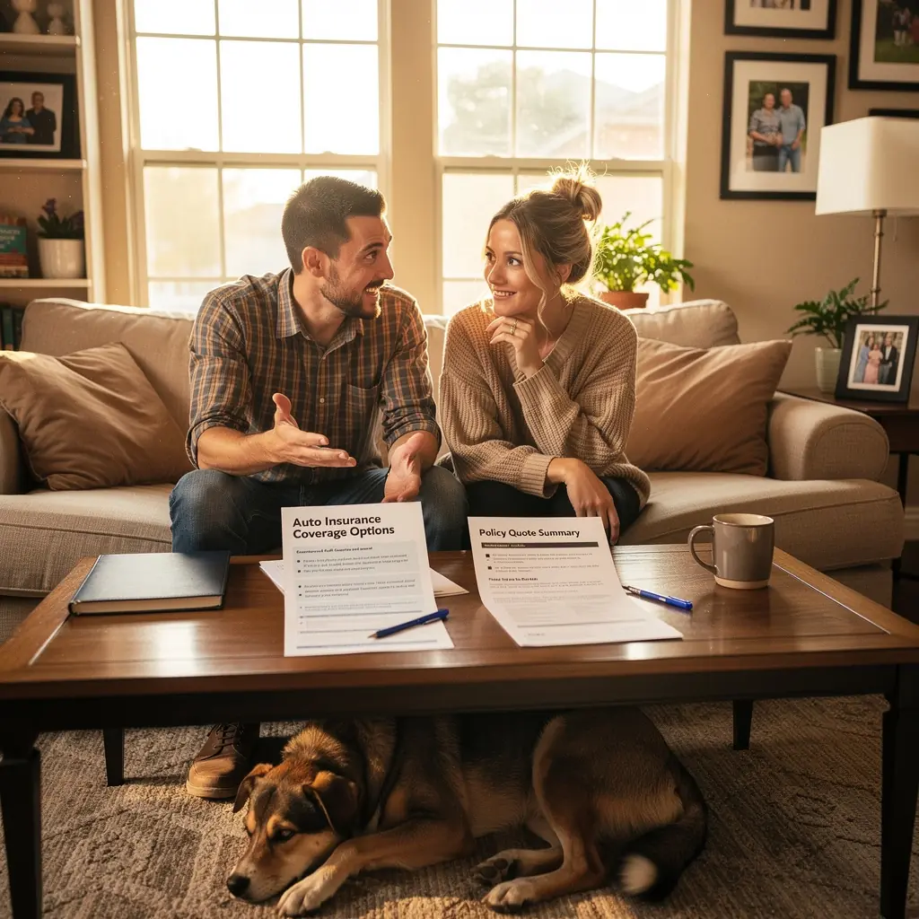 Mężczyzna rozmawiający z agentem ubezpieczeniowym na temat polisy dla nowych kierowców.